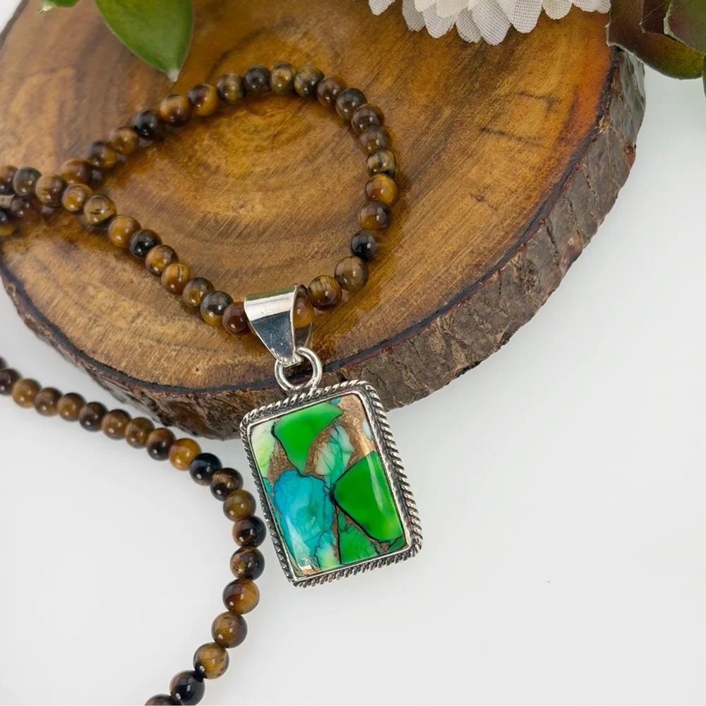 Peacock Dahlia Turquoise Pendant Necklace Boho Southwest Handmade New 925 - Picture 4 of 8